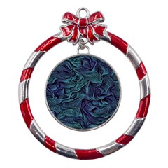 Abstract Blue Wave Texture Patten Metal Red Ribbon Round Ornament by Bangk1t