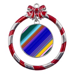 Color Lines Slanting Green Blue Metal Red Ribbon Round Ornament by Bangk1t