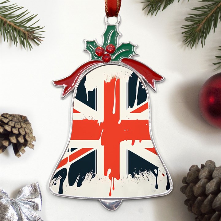 Union Jack England Uk United Kingdom London Metal Holly Leaf Bell Ornament