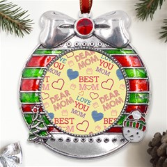 Love Mom Happy Mothers Day I Love Mom Graphic Pattern Metal X mas Ribbon With Red Crystal Round Ornament