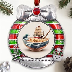 Noodles Pirate Chinese Food Food Metal X mas Ribbon With Red Crystal Round Ornament by Ndabl3x