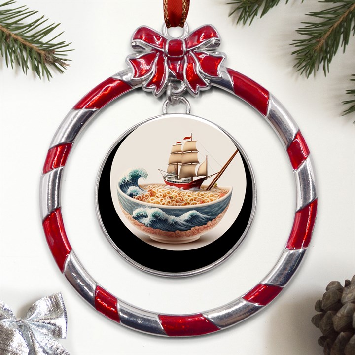 Noodles Pirate Chinese Food Food Metal Red Ribbon Round Ornament