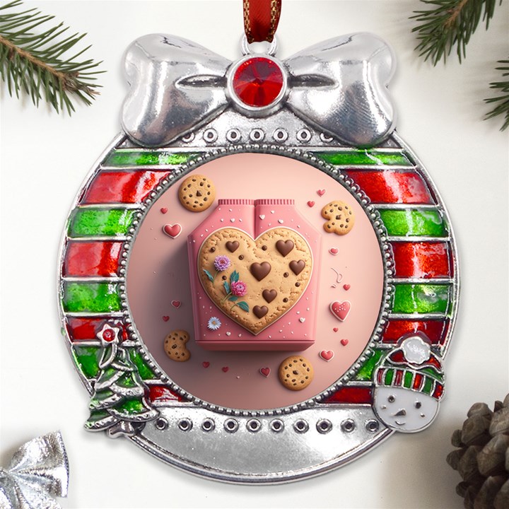 Cookies Valentine Heart Holiday Gift Love Metal X Mas Ribbon With Red Crystal Round Ornament