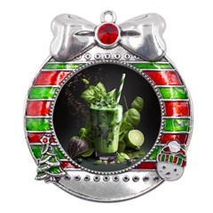 Drink Spinach Smooth Apple Ginger Metal X mas Ribbon With Red Crystal Round Ornament by Ndabl3x