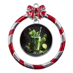 Drink Spinach Smooth Apple Ginger Metal Red Ribbon Round Ornament by Ndabl3x