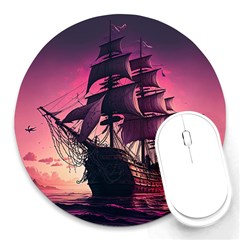 Ship Pirate Adventure Landscape Ocean Sun Heaven Round Mousepad by Ndabl3x