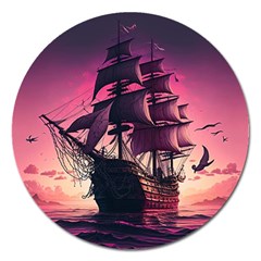 Ship Pirate Adventure Landscape Ocean Sun Heaven Magnet 5  (round) by Ndabl3x