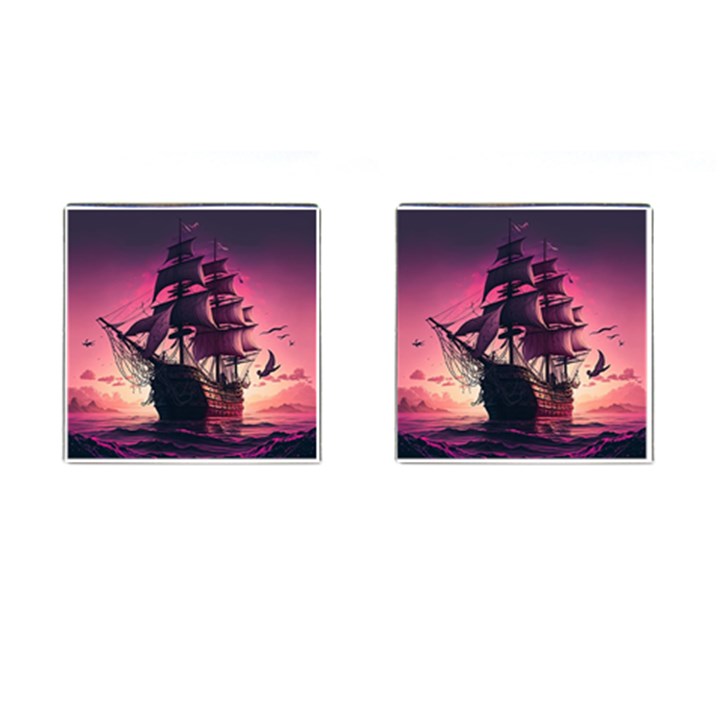 Ship Pirate Adventure Landscape Ocean Sun Heaven Cufflinks (Square)