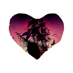 Ship Pirate Adventure Landscape Ocean Sun Heaven Standard 16  Premium Flano Heart Shape Cushions by Ndabl3x