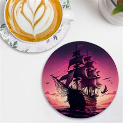 Ship Pirate Adventure Landscape Ocean Sun Heaven Uv Print Round Tile Coaster by Ndabl3x