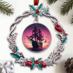 Ship Pirate Adventure Landscape Ocean Sun Heaven Metal X mas Wreath Holly Leaf Ornament