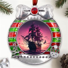 Ship Pirate Adventure Landscape Ocean Sun Heaven Metal X mas Ribbon With Red Crystal Round Ornament