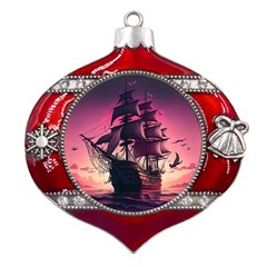 Ship Pirate Adventure Landscape Ocean Sun Heaven Metal Snowflake And Bell Red Ornament