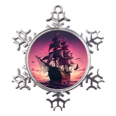 Ship Pirate Adventure Landscape Ocean Sun Heaven Metal Large Snowflake Ornament by Ndabl3x