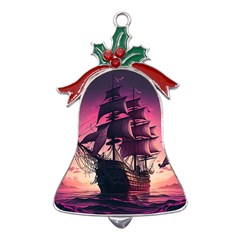 Ship Pirate Adventure Landscape Ocean Sun Heaven Metal Holly Leaf Bell Ornament