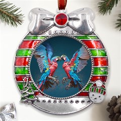 Birds Parrots Love Ornithology Species Fauna Metal X mas Ribbon With Red Crystal Round Ornament by Ndabl3x