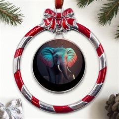 Elephant Tusks Trunk Wildlife Africa Metal Red Ribbon Round Ornament