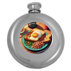 Breakfast Egg Beans Toast Plate Round Hip Flask (5 Oz) by Ndabl3x