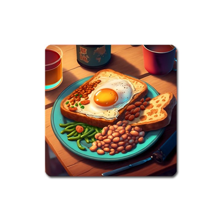 Breakfast Egg Beans Toast Plate Square Magnet