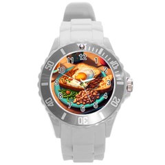 Breakfast Egg Beans Toast Plate Round Plastic Sport Watch (l) by Ndabl3x