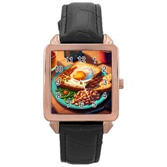 Breakfast Egg Beans Toast Plate Rose Gold Leather Watch  by Ndabl3x