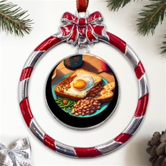 Breakfast Egg Beans Toast Plate Metal Red Ribbon Round Ornament by Ndabl3x