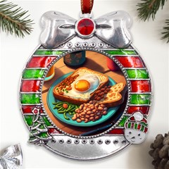 Breakfast Egg Beans Toast Plate Metal X mas Ribbon With Red Crystal Round Ornament by Ndabl3x