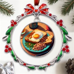 Breakfast Egg Beans Toast Plate Metal X mas Wreath Ribbon Ornament by Ndabl3x