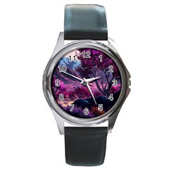 Landscape Painting Purple Tree Round Metal Watch