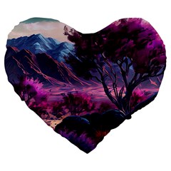 Landscape Painting Purple Tree Large 19  Premium Flano Heart Shape Cushions by Ndabl3x