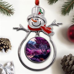 Landscape Painting Purple Tree Metal Snowman Ornament