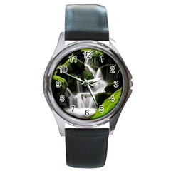 Waterfall Moss Korea Mountain Valley Green Forest Round Metal Watch by Ndabl3x