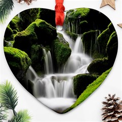 Waterfall Moss Korea Mountain Valley Green Forest Ornament (heart) by Ndabl3x