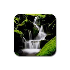 Waterfall Moss Korea Mountain Valley Green Forest Rubber Coaster (square) by Ndabl3x