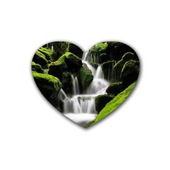 Waterfall Moss Korea Mountain Valley Green Forest Rubber Coaster (heart) by Ndabl3x