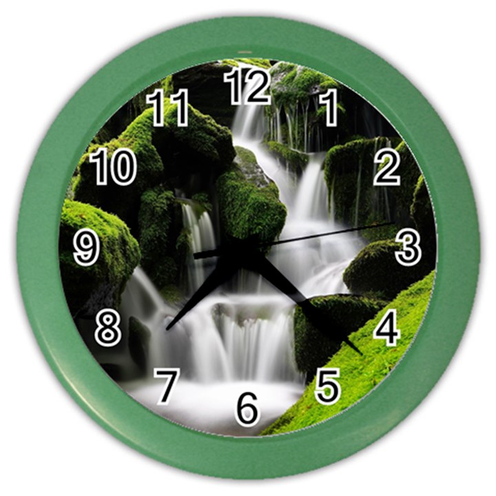 Waterfall Moss Korea Mountain Valley Green Forest Color Wall Clock