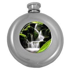 Waterfall Moss Korea Mountain Valley Green Forest Round Hip Flask (5 Oz) by Ndabl3x