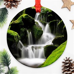 Waterfall Moss Korea Mountain Valley Green Forest Round Ornament (two Sides) by Ndabl3x