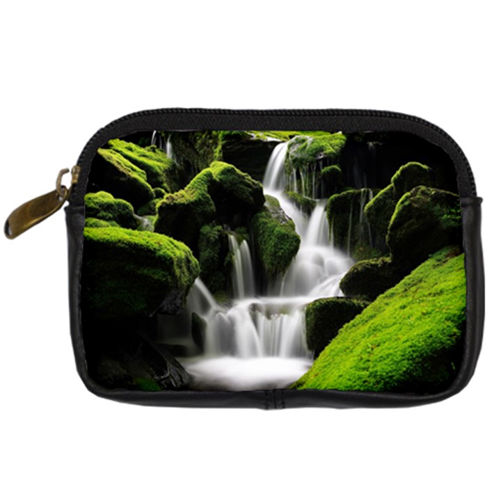 Waterfall Moss Korea Mountain Valley Green Forest Digital Camera Leather Case