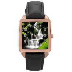 Waterfall Moss Korea Mountain Valley Green Forest Rose Gold Leather Watch  by Ndabl3x