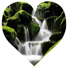 Waterfall Moss Korea Mountain Valley Green Forest Wooden Puzzle Heart by Ndabl3x