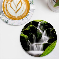 Waterfall Moss Korea Mountain Valley Green Forest Uv Print Round Tile Coaster by Ndabl3x