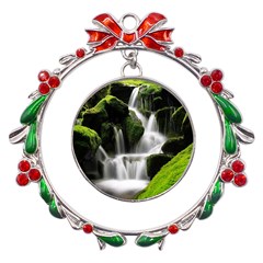 Waterfall Moss Korea Mountain Valley Green Forest Metal X mas Wreath Ribbon Ornament by Ndabl3x