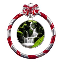 Waterfall Moss Korea Mountain Valley Green Forest Metal Red Ribbon Round Ornament by Ndabl3x