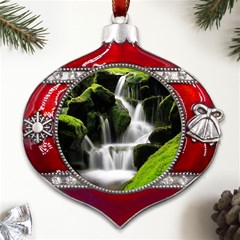 Waterfall Moss Korea Mountain Valley Green Forest Metal Snowflake And Bell Red Ornament