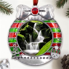 Waterfall Moss Korea Mountain Valley Green Forest Metal X mas Ribbon With Red Crystal Round Ornament