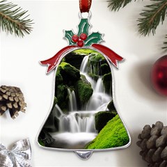 Waterfall Moss Korea Mountain Valley Green Forest Metal Holly Leaf Bell Ornament by Ndabl3x