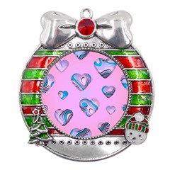 Hearts Pattern Love Metal X mas Ribbon With Red Crystal Round Ornament by Ndabl3x