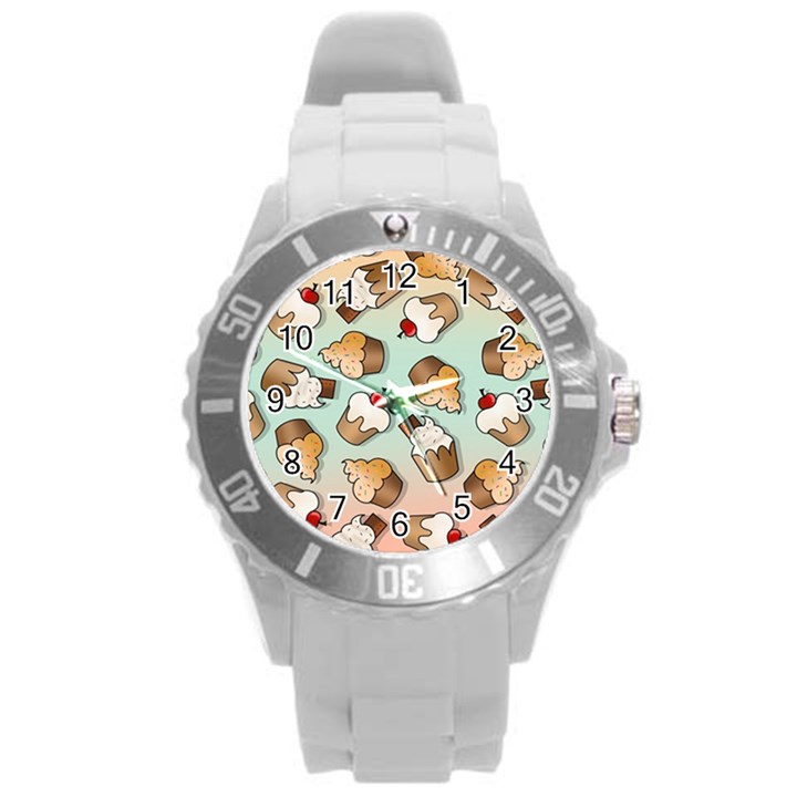 Cupcakes Cake Pie Pattern Round Plastic Sport Watch (L)