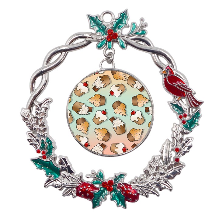 Cupcakes Cake Pie Pattern Metal X mas Wreath Holly leaf Ornament